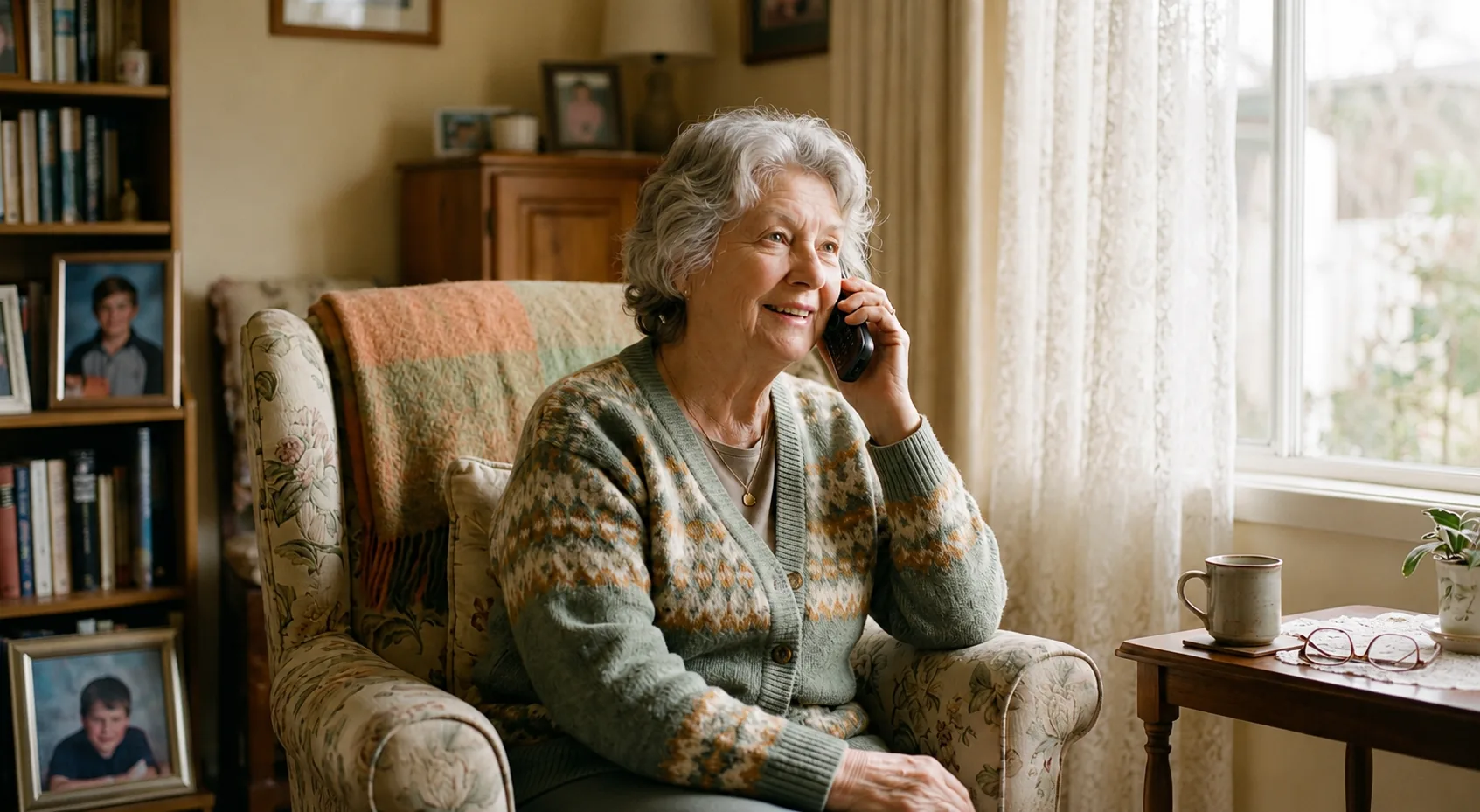 Elderly woman smiling on a phone call in her armchair